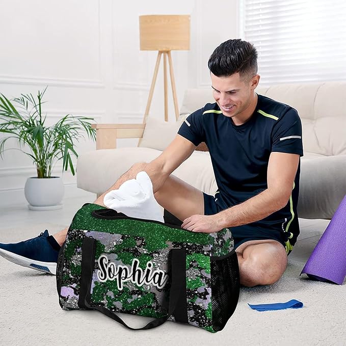 Custom Multifunctional Duffel Bag with Name Gym Bags Adjustable Shoulder Strap Travel Bag for Teens Green Black Camo Bling Print Casual Bag