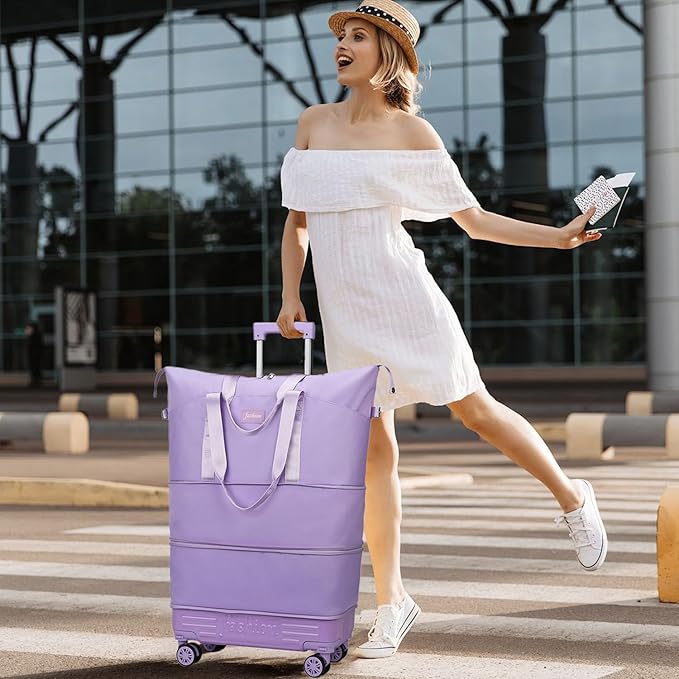 Rolling Duffle Bag with Wheels and Handle, Expandable Foldable Travel Bag with Wheels, Carry On Rolling Duffle Bag Collapsible for Weekend Trip, Gym, Hockey, Large Capacity & Waterproof (Pink)
