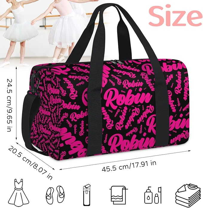 Custom-Dance-Gymnastics-Bag for Girls Personalized Kids Duffle Bag Cheerleader Team Bag for Travel Gym Sport Hot Pink Black