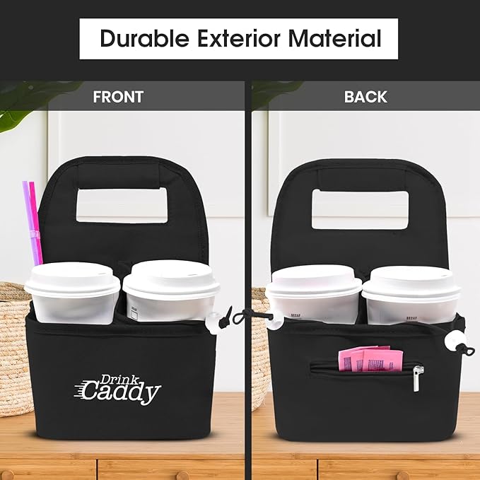 Drink Caddy Portable Drink Carrier and Reusable Coffee Cup Holder - 4 Cup Collapsible Tote Bag with Organizer Pockets Safely Secures Hot and Cold Beverages - Perfect for Food Delivery and Take Out