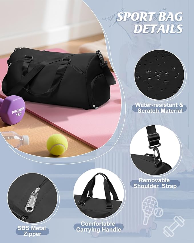Gym Bag for Women with Shoe Compartment Lightweight Travel Duffle Bags Carry on Bag Overnight Weekender Duffel Bag with Wet Pocket Personal Item Travel Bag Tote Bag Workout Dance Bag Black
