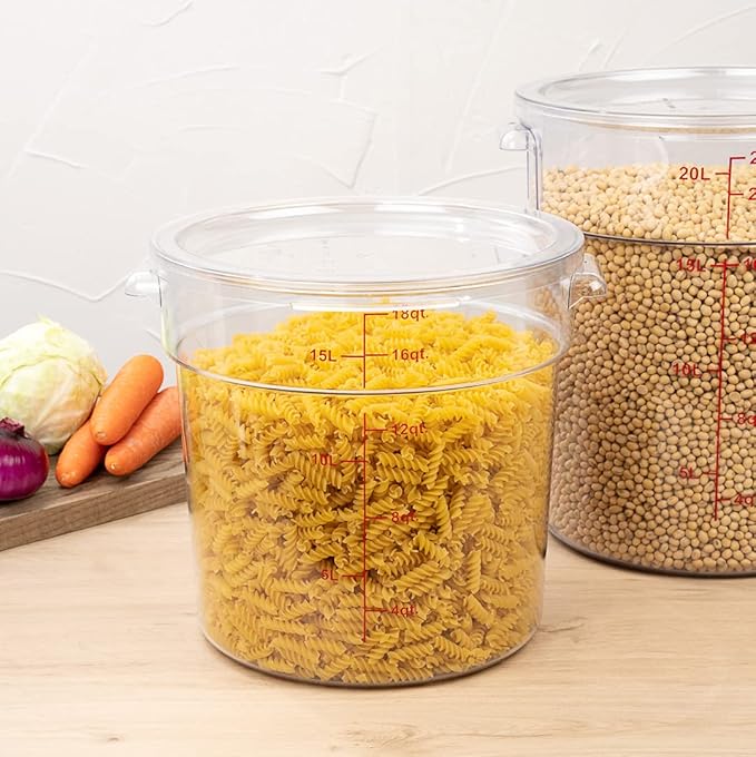 Restaurantware Met Lux 18 Quart Food Storage Container, 1 Round Commercial Storage Container - Lid Sold Separately, With Volume Markers, Clear Plastic Food Prep Bucket, Space-Saving Storage