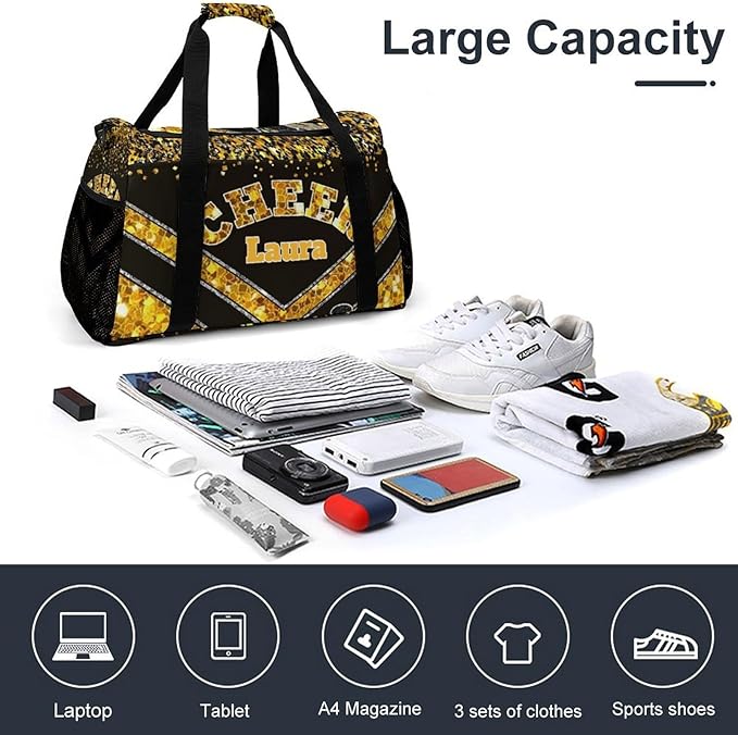 Personalized Cheer Bag Gifts for Girls Sport Cheerleading Gym Travel Duffel Bag Overnight Weekender Bags with Name (Golden)