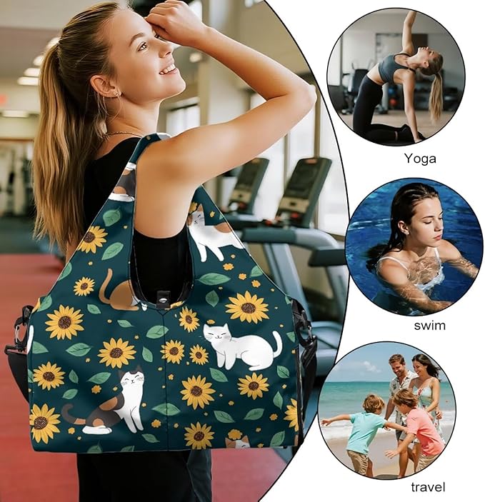 Cute Cat Workout Bag for Women with Yoga Mat Holder and Shoe Compartment Sunflower Gym Bag Water Resistant Gym Duffel for Swimming, Stylish Fitness Green Duffel Bag