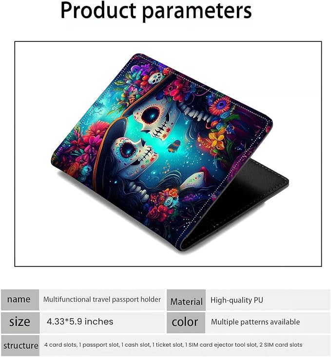 Passport Holder Wallet Cover Case,RFID Blocking Passport Cover,Large Capacity Travel Wallet with Multi Card Slots (Sugar Skull)