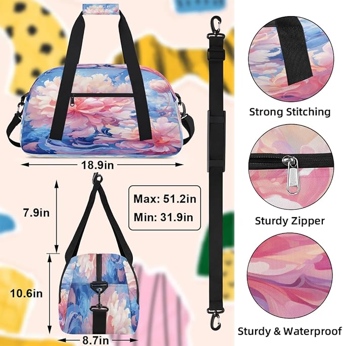 Sports Duffel Bags, Pink Peony Blue Water-Resistant Gym Duffle Bag for Men Women, Lightweight Weekender Overnight Bag for Fitness, Workout, Travel