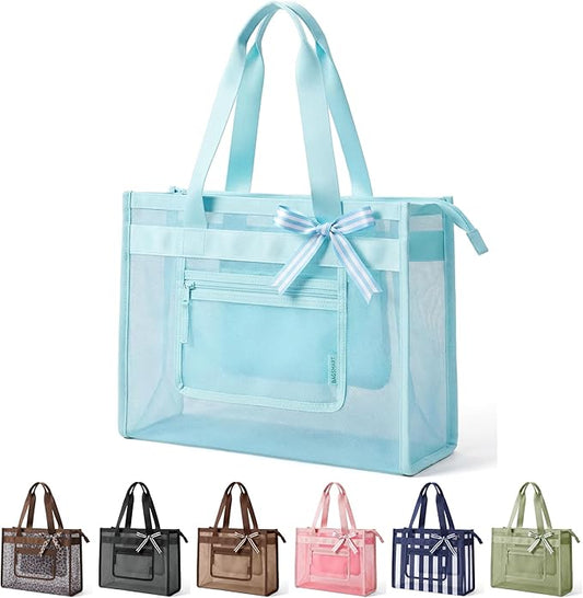 BAGSMART Mesh Beach Bag with Zipper Pocket, Large Beach Tote Bags for Women | for 40 oz Bottle, Removable Ribbon Bow, Sandproof & Washable, Cruise Essentials, for Swim, Pool, Gym, Vacation, Travel Bag