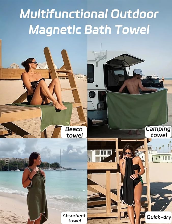 Magnetic Beach Towel Oversized Quick-Dry Microfiber Towel with Magnetic Closure, Super Absorbent & Sand-Resistant for Beach, Pool, Travel, Gym & Camping 75"x30" (Gray)