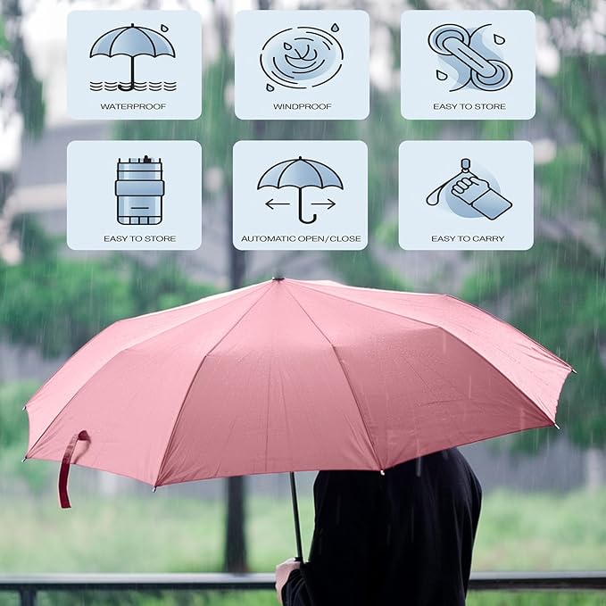 MRTLLOA 42/49 Inch Compact Travel Essentials Umbrella for Rain, Lightweight, Portable, Automatic, Strong, Waterproof Folding Umbrellas for Women, Men and Teenagers
