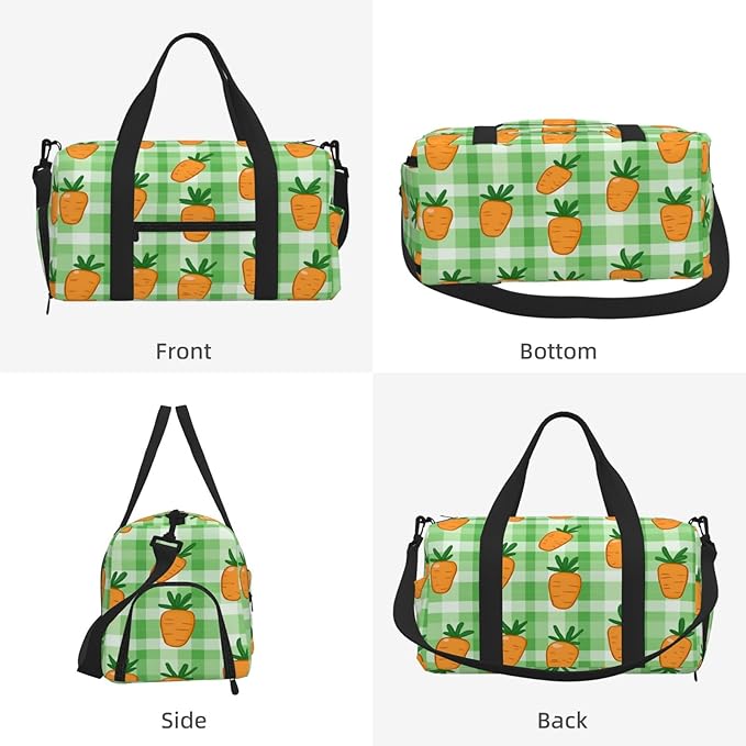Sports Gym Bag Carrots Green Check Plaid Travel Duffel Bag With Shoe Compartment Shoulder Strap, Lightweight Water-Resistant Weekend Overnight Totes For Women Men