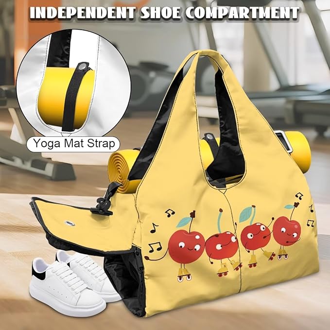 Cute Cherry Print Duffel Bag Women that Holds Yoga Mat and Shoe Compartment Portable Lightweight Waterproof Yellow Gym Bag, Fitness Workout Stylish Workout Bag