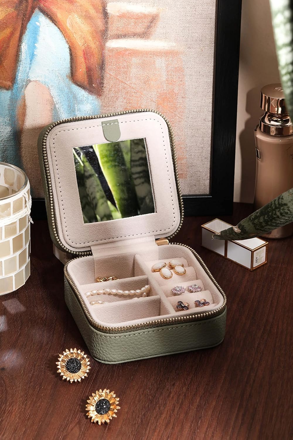 S.Leaf Travel Jewelry Organizer Travel Jewelry Boxes for Women Small Jewelry Travel Case Box Portable Travel Jewelry Case Travel Case Mini Jewelry (03_Lychee_Heart)