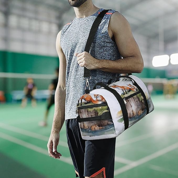 Oxford Cloth Hand Drawn Fox Gym Bag,Duffle Bag with Shoes Compartment And Adjustable Shoulder Straps，Weekender Bags for Men Women.