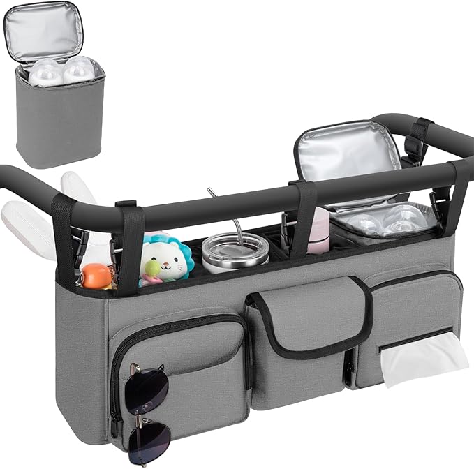 Double Stroller Organizer Compatible with Bob Duallie and Baby Jogger City Mini GT2, Double Baby Stroller Accessories with Cooler Bag, Parent Console Double Jogging Stroller Caddy, Grey