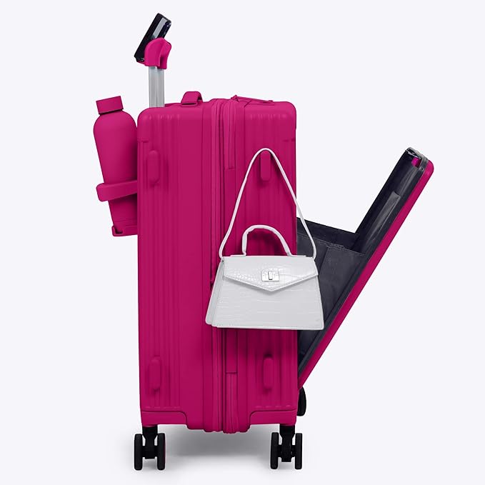 Nobl Travel Carry On Expandable Luggage, Noble Aluminum Frame PC Hard Shell Suitcase, 22.5”x14.2”x9.8” Airline Approved, 360° Spinner Wheels, TSA Locks, USB Charging, Cup & Phone Holder - Hot Pink
