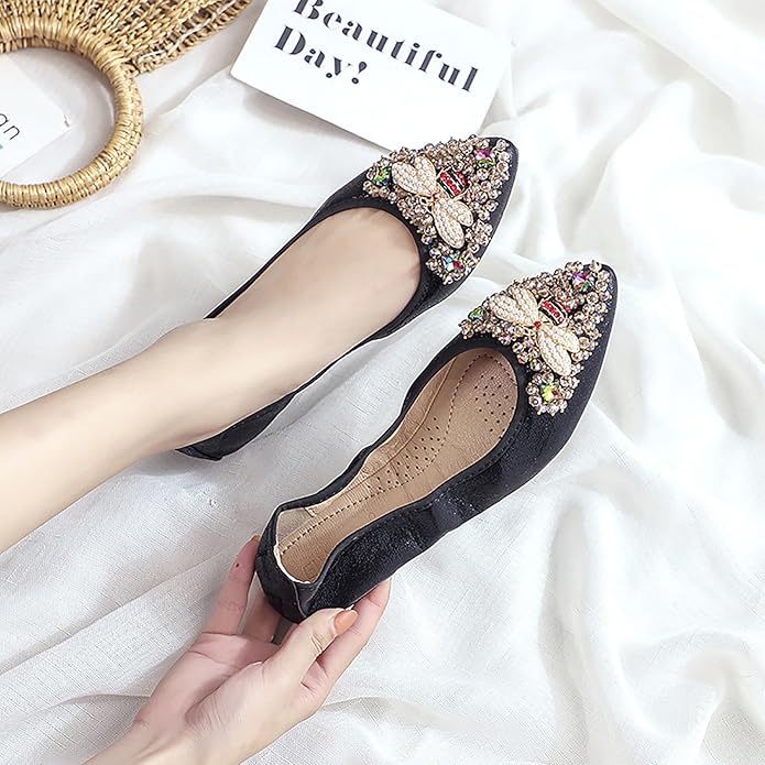 Women Ballet Flats Sparkly Rhinestone Wedding Ballerina Shoes Pointed Toe Foldable Comfort Slip on Flat Dress Shoes