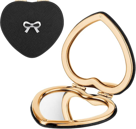 Compact Folding Heart Shaped Double-Sided 1X/2X Magnifying Mini Glitter Makeup Mirror with PU Leather for Women Home, Office and Travel (Gold)