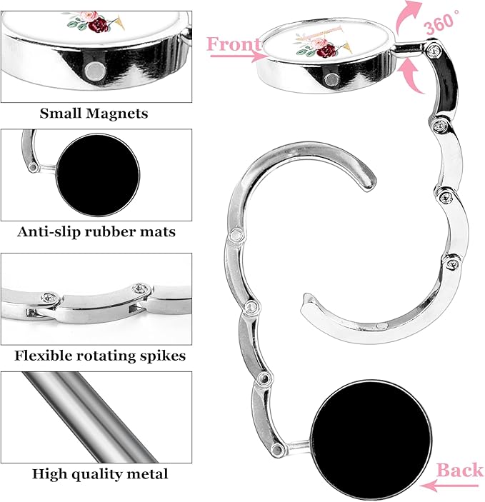 XSUIOY 3Pcs Personalized Initial Foldable Purse Hook for Table,Crushed Flower Letters Folding Purse Hanger,Purse Holder Handbag Hanger Collection Desk Table Bag Hooks Gifts for Women Bag(Pink-A)