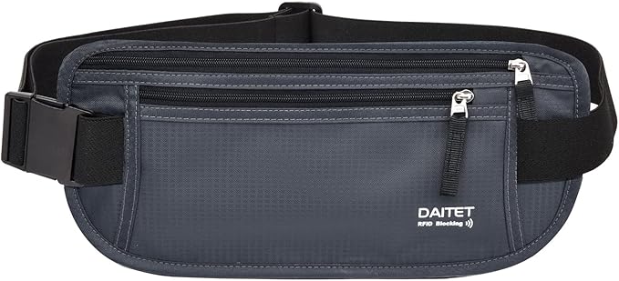 RFID Blocking Money Belt for Men Women, Slim Fanny Pack for Travel，Running,Conceal Waist Wallet for Passport Holder,Phone,Cash(Black Dark Grey)