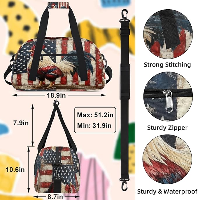 Kids Duffle Bag Girls Boys Farmhouse Rooster On American Flag Back Weekender Overnight Bag,Lightweight Duffel Bags for Traveling Gym Sport Dance