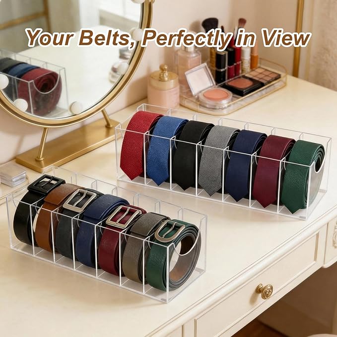 Belt Organizer, Acrylic Belt Storage Holder for Closet Drawer with 7 Compartments, Belt Holder Organizer with Dust Cover Box Holder, Clear Belts Display Case for Watch, Jewelry, Socks