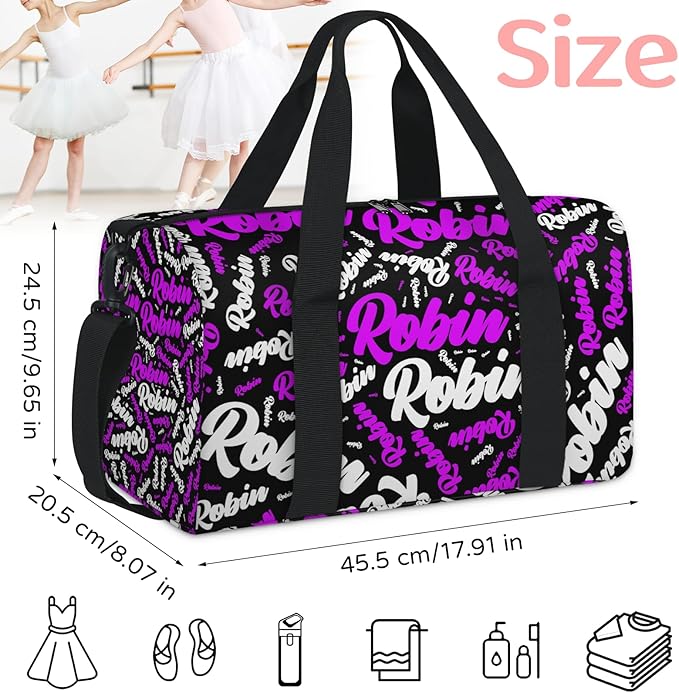 Custom-Dance-Gymnastics-Bag for Girls Personalized Kids Duffle Bag Cheerleader Team Bag for Travel Gym Sport Hot Purple White