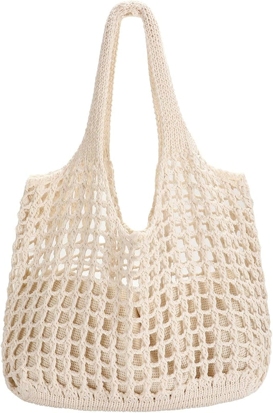 SUOSDEY Crochet Mesh Beach Tote Bag, Knit Summer Vacation Aesthetic Boho Tote Bag for Women