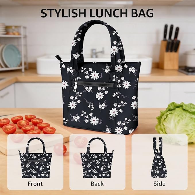Tote Lunch Bag Women Stylish Quilted Lunch Boxes for Adult Fit and Fresh Cooler Insulated Lunchbox for Work Large 10 Liters Cute Compact Lunchbag Waterproof Black Floral