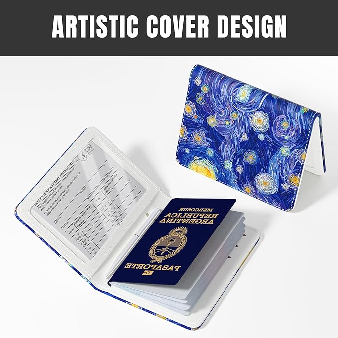 Rimilak Passport Holder, RFID Blocking Passport Cover Wallet Travel Essentials, Leather Travel Air Ticket Documents Organizer Protector for Women and Men, Starry Sky