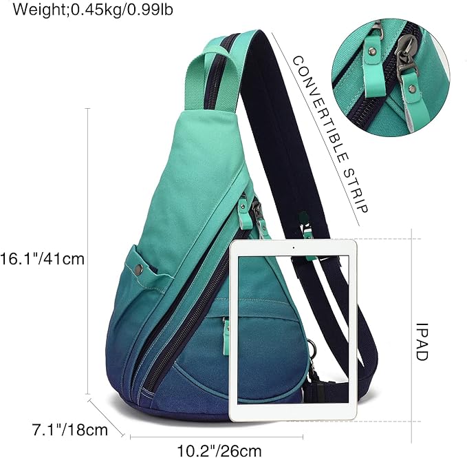 KL928 Canvas Sling Bag - Small Crossbody Backpack Shoulder Casual Daypack Rucksack for Men Women(Large Version,Blue+GrayishGreen)