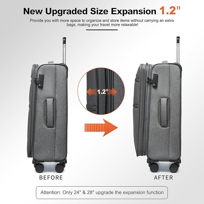 Kono 28 Inch Softside Expandable Checked Luggage with 8 Spinner Wheels TSA Lock Softshell Lightweight Business Travel Suitcase for Men and Women, Grey
