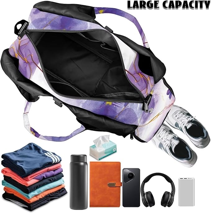 Purple Butterfly Marble Gym Bag for Women with Shoe Compartment Mini Duffel Bag Personal Item Bags for Travel Sports Swim Weekender Overnight Bags Easy to Carry