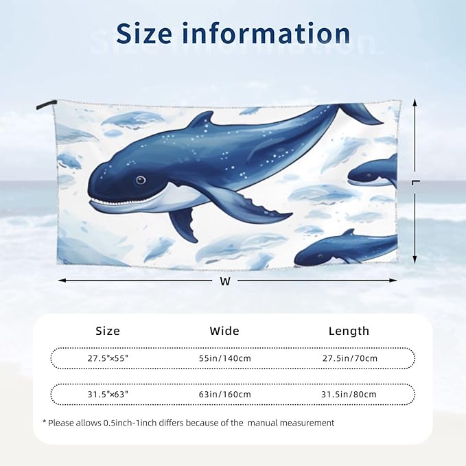 Beach Towel Sand Free Quick Dry Towel Microfiber Oversized Small Blue Whale Swimming Travel Towel 27.5"X55" Absorbent Bath Towel Compact Towel Blanket for Women Men Camping Swim Sports