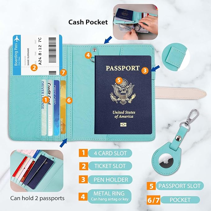 Deziliao Passport Wallets, Mulit-Purpose RFID Blocking Passport Holder AirTag Wallet, Travel Wallet（Blue-White）