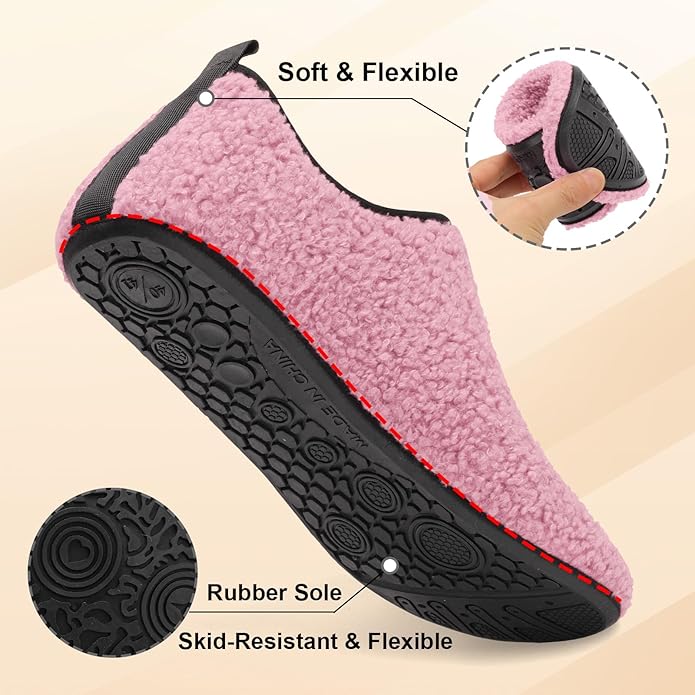 QFH Womens & Mens Cozy House Slippers - Portable Travel Shoes with Flexible Rubber Sole & Soft Velvet Lining