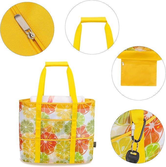 KABAQOO Mesh Beach Bag, Extra Large Beach Bags with 9 Pockets & Zipper Waterproof Lightweight Beach Tote for Beach/Pool Trip | Extra Large, 9 Pockets, Zipper, Waterproof, Lightweight, Beach/Pool Trip