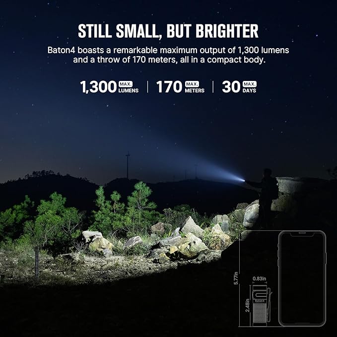 OLIGHT Baton4 Rechargeable EDC Flashlight, Bright Small Flashlight 1300 Lumens with MCC Charging Cable, IPX8 Waterproof, Multiple Modes Pocket Light for Home, Camping, and Emergencies (Black)