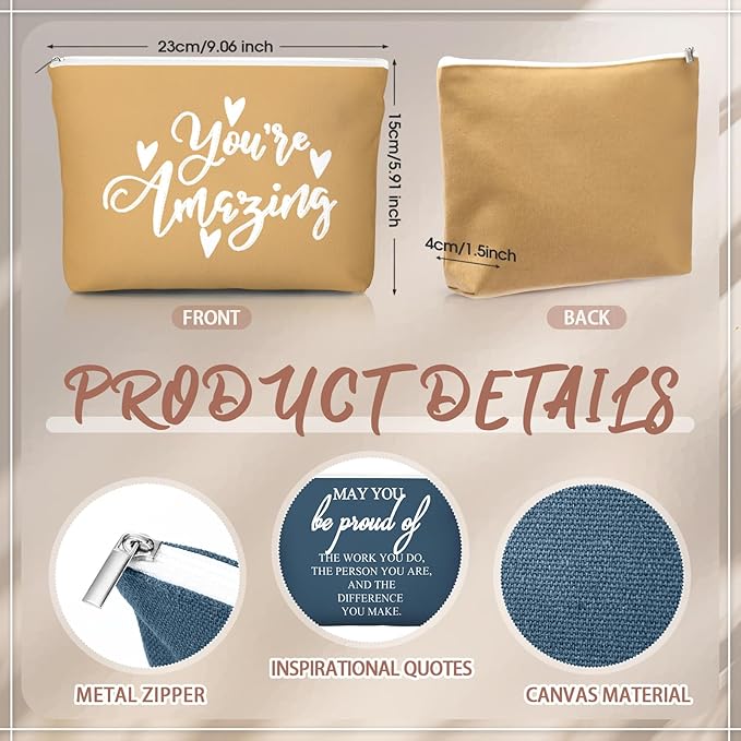 20 Pcs Employee Appreciation Gifts For Women Inspirational Canvas Makeup Bags Portable Compact Mirror Bulk Cosmetic Bags Thank You Gifts for Social Worker Coworkers (Praise,Vintage)