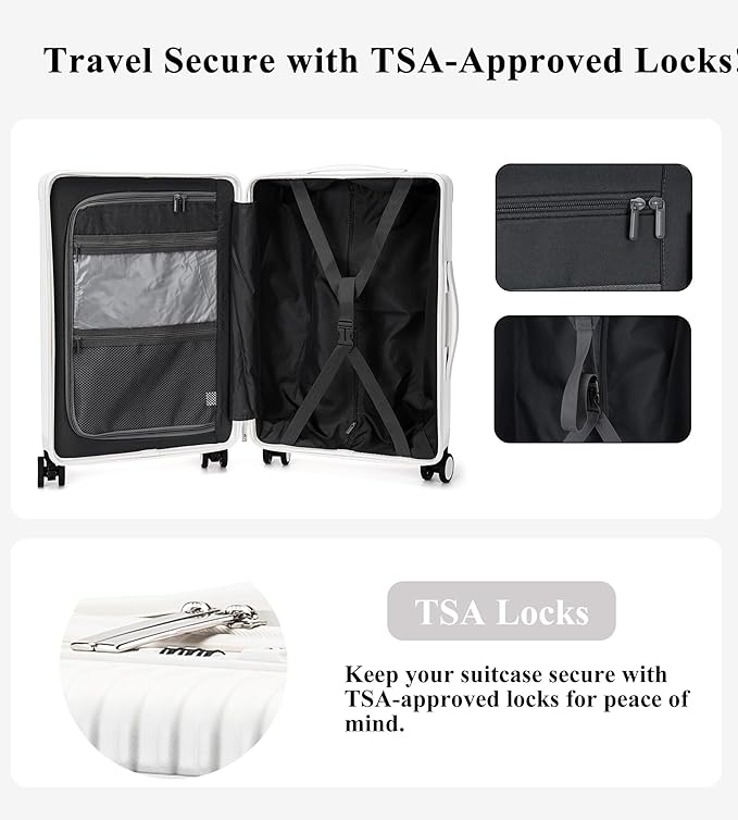 feilario 20in Hardside Spinner Wheel Luggage with Zipper Closure, Built-In TSA lock Carry on Suitcase, with Cup Holder & USB Port & Phone Holder White(with zipper closure, 20in)