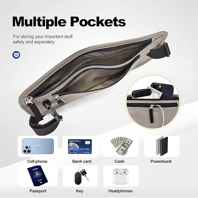 Unisex Money Belt with RFID Blocking Sleeves, Slim Passport Holder RFID Blocking Travel Essentials, Waist Pouch to Protect Cash, Light Grey & 6 Sleeves