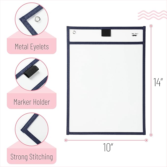 Mr. Pen- Dry Erase Pocket Sleeves, 6 Pack, 10"x14", Sleek Dark Color Theme, Dry Erase Pockets Reusable Sleeves, Job Ticket Holders with Marker Holder & Metal Eyelet