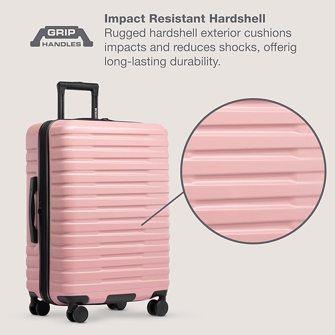 U.S. Traveler Boren Expandable Hardside Rugged Travel Luggage with 8 Spinner Wheels, Rose Pink, Carry-on 22-Inch