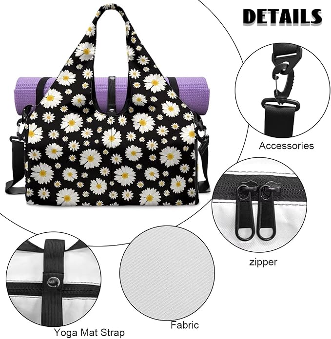 Daisy Flower Sports Gym Duffle Bag with Shoes Compartment Large Personal Item Travel Bag Beach Swim Overnight Weekender Duffel Carry On Bags, Black