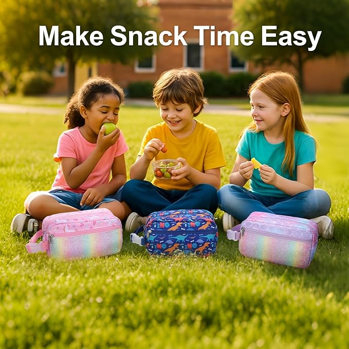 Bagseri Kids Snack Bag Boys - Small Reusable Mini Cooler Pouch, Insulated 3.9L Food Carrier with Buckle Handle for School and Daycare, Fits in Backpack, Blue Dinosaur
