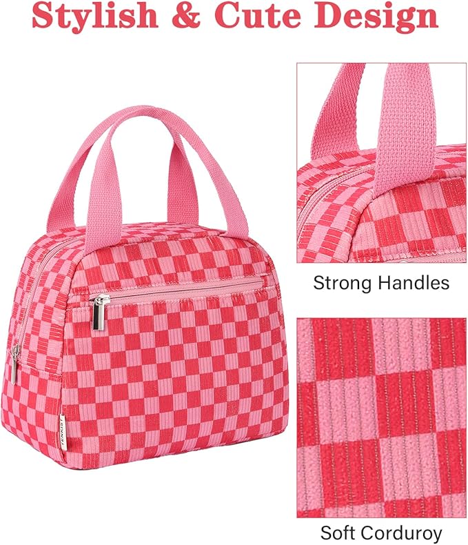 Cute Lunch Box Tote Bag - Corduroy Insulated Cooler Bags for Women - Lightweight Reusable Portable Soft Lunch Pail Kit for Kids Teen Girl Adults Work School Picnic Travel Checkered Pink 8L