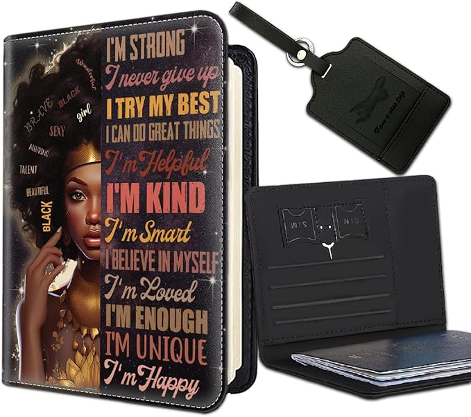 Passport Holder Women Wallet with Luggage Tag, Leather Passport Cover with RFID Blocking, Travel Accessories Multi Card Slot Passport Case for Men，African Girls Inspirational Quotes