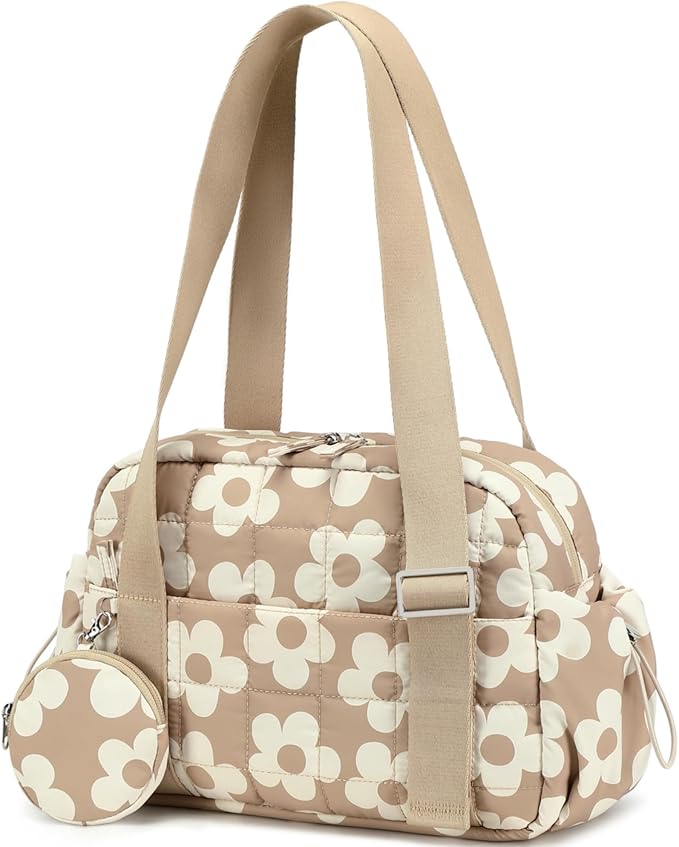 CAMTOP Mini Gym Bag for Women, Small Gym Tote Bag Puffy Quilted Sports Duffel Bag with Wet Compartment and Coin Purse Duffel Bags Dance Yoga Workout Bag for Gifts (Brown Flower, Mini-12.6")