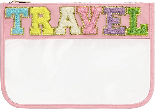 DYSHAYEN Chenille Letter Clear Zipper Pouch for Travel,Nylon Clear Cosmetic Bag,Makeup Travel Bag for Women Girls 11.8 Inches x 8.2 Inches