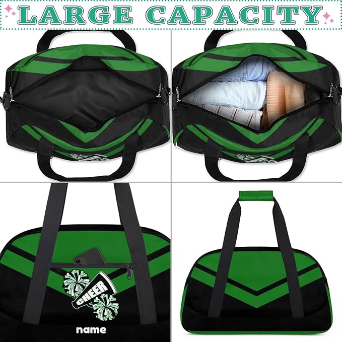 Custom Name Black Green Cheerleading Squad Gym Travel Duffle Bag with Front Zipper Pocket Personalizedfor Sports Bag for Overnight, Weekender, Carry On,Workout & Dance, 18.9 * 8.7 * 10.6 in