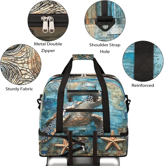 Foldable Travel Duffel Bag for Women - Carry on Personal Item Bag with Shoes Compartment, Weekender Overnight Duffle Bags Sport Tote Gym Luggage for Airplanes Traveling(Turtle)